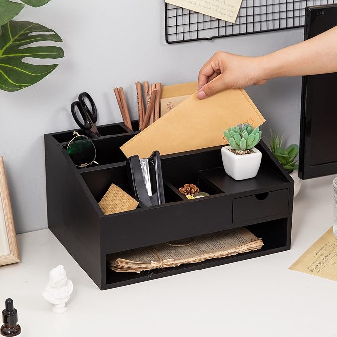 Wood Desk Drawer Organizers with File Organizer Pen holder Office Decor combo for Desk Organization Home can arrange office supplies such as calculators scissors pens note papers, etc. (black) - Image 6
