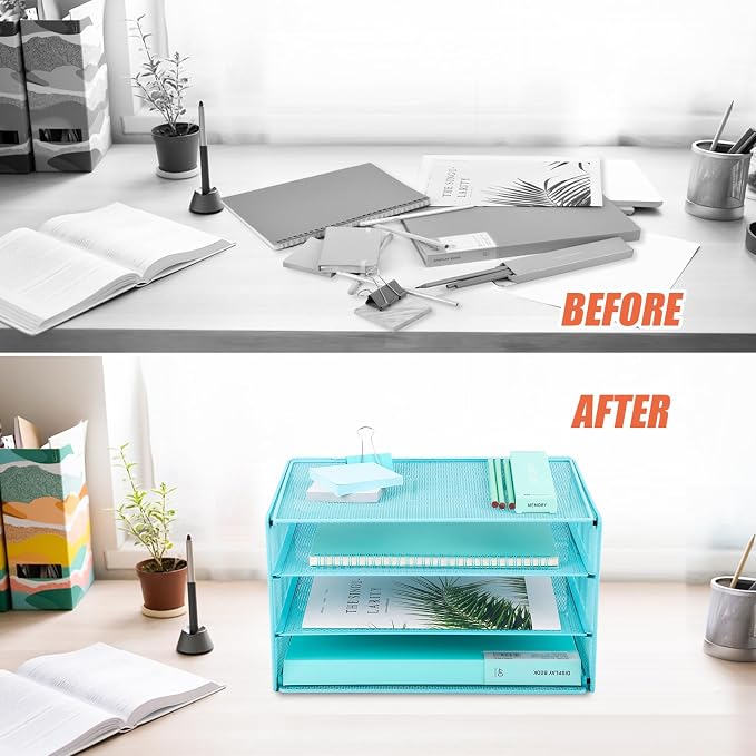 Paper Organizer Tray, 3 Tier Mesh Desk File Organizer Letter Sorter Holder for Home Office, Blue - Image 7