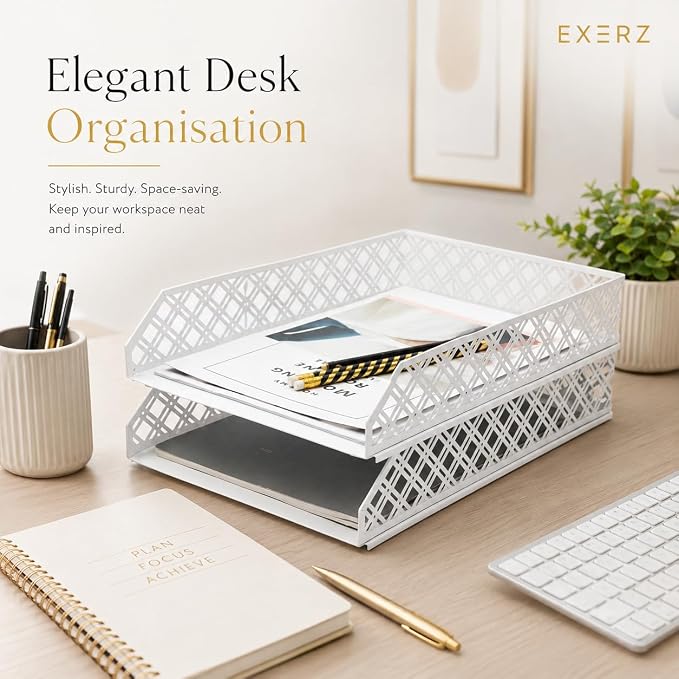 Exerz Letter Trays 2pcs Stackable Paper Sorter/Desk Organiser/File Tray for Desk - Wire Mesh Metal File Rack - Office, School, Home Study (White) - Image 9
