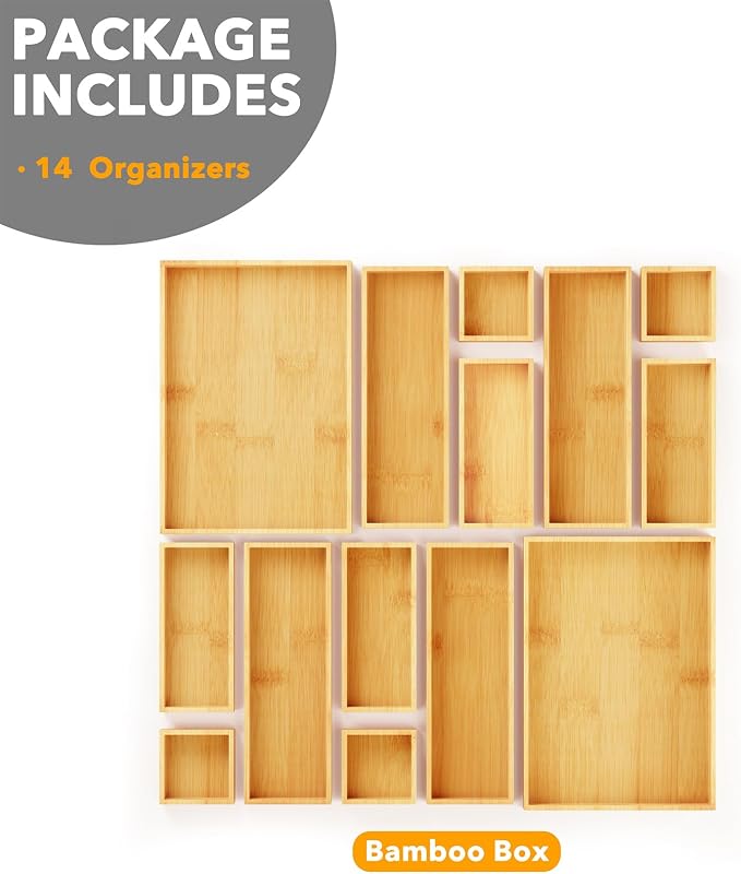SpaceAid 14-Piece Bamboo Drawer Organizer Storage Boxes Set, Wood Tray Junk Drawer Organizers Multi-Use Divider Bins for Kitchen, Bathroom, Office Desk and Makeup Organization (14 Pack, Natural) - Image 6