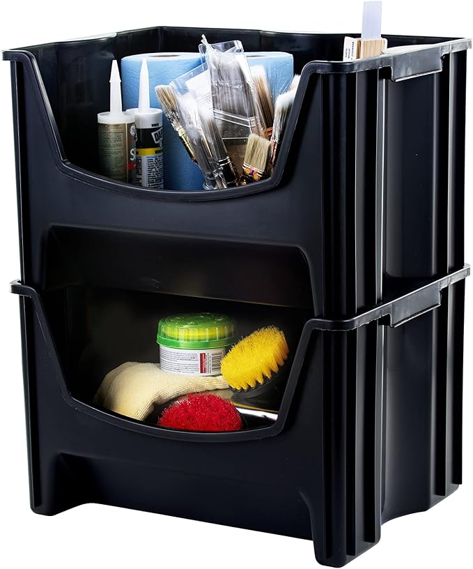 Mighty Tuff Jumbo Stackable Storage Bins, Pack of 3, Easy-Access Storage, Large Easy-to-Grip Handles, Wide Front Opening, Interlocking, Stack Vertically, Black - Image 7