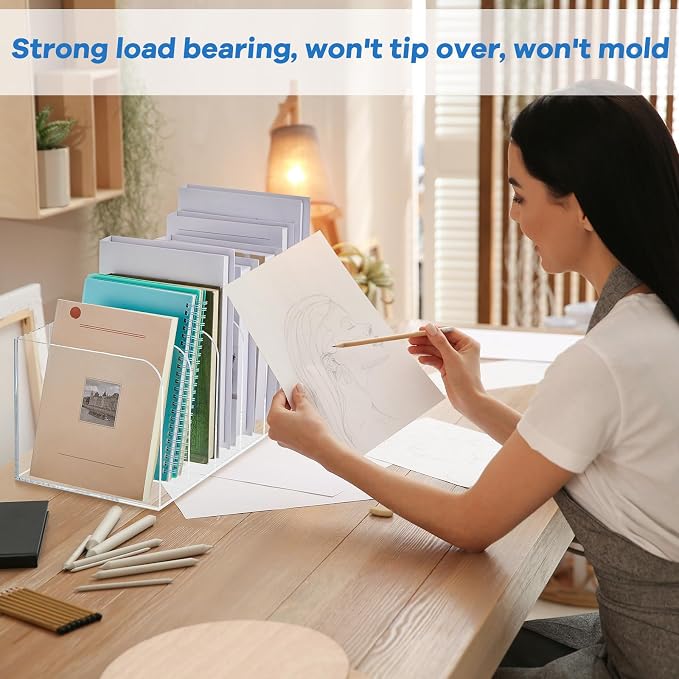 Suzile Clear Acrylic Magazine File Holder with Vertical Compartments Desk Organizer Book Rack for Desk Sorter Paper Folder Office Accessories(Clear,16.1 x 7.2 x 6.5 Inch) - Image 6