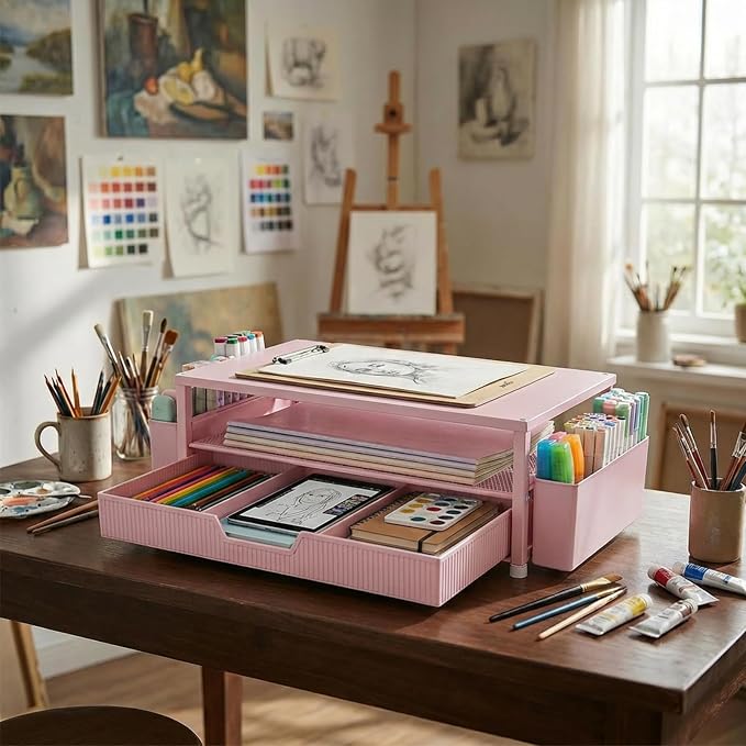ECOLOVI Desk Organizer and Accessories, 2-Tier Computer Monitor Stand Rise with Storage Drawer & 2 Pen Holders, Laptop & Printer Stand for Desktop, Workspace Organizers for Office Supplies (Pink) - Image 9