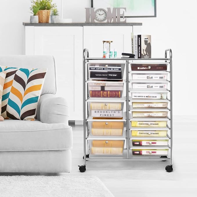 COSTWAY 15 Drawer Rolling Storage Cart, Mobile Storage Organizer | Removable Drawers & Metal Frame, Multipurpose Utility Tools Paper Organizer on Wheels for Home, Office (Transparent) - Image 9