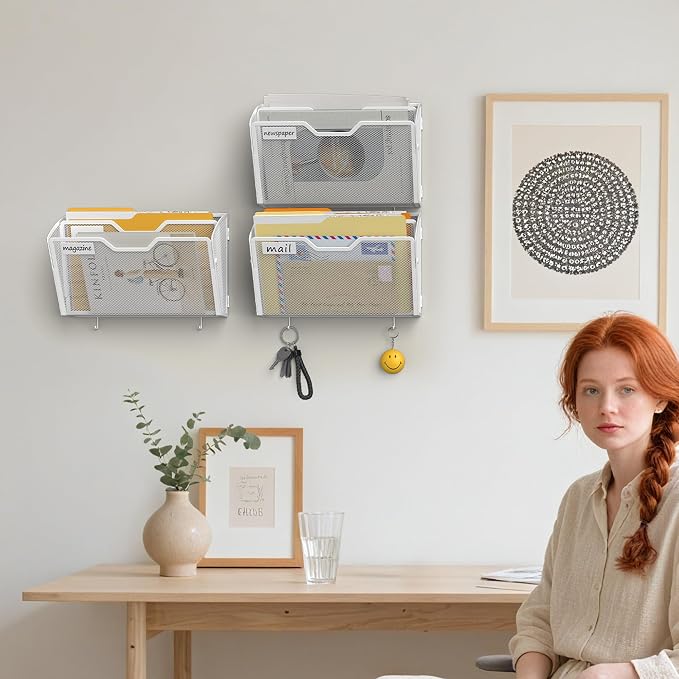 Docnest 3 Pack 2 Tier Mesh Wall File Holders with Hooks for Mail, White | Space-saving vertical design with utility hooks. Ideal paper document organizer for office, home, and school - Image 7