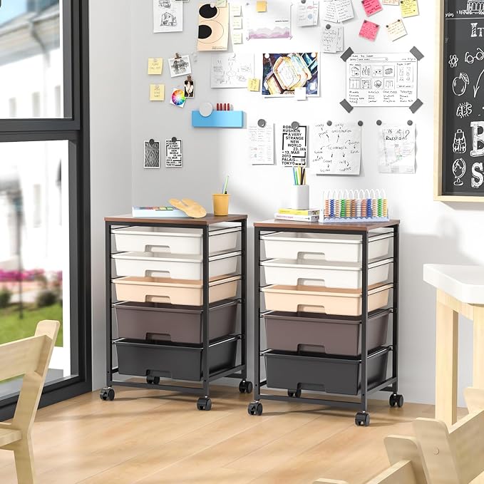 SYKIARIOL Rolling Cart with Drawers, 5 Drawers Utility Cart, Dark Brown | 5-Tiers Storage Cart with Drawers with Lockable Wheels for Craft Organizers and Storage,Home Office,Classroom,Dorm,Playroom - Image 9