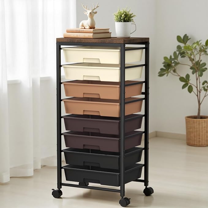 Rolling Cart with 8 Drawers, Plastic Drawer Storage Carts with Wheels & Wooden Tabletop, Metal Utility Cart Organizer for Bedroom Living Room Office Classroom Craft Organization and Storage, Brown - Image 7