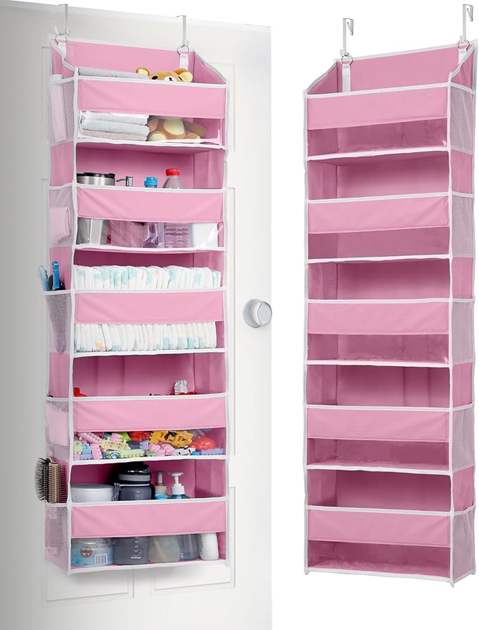 ULG 1 Pack Over Door Organizer with 5 Large Pockets 10 Mesh Side Pockets, 44 lbs Weight Capacity Hanging Storage Organizer with Clear Window Kids Toys, Shoes, Diapers, Pink - Image 8