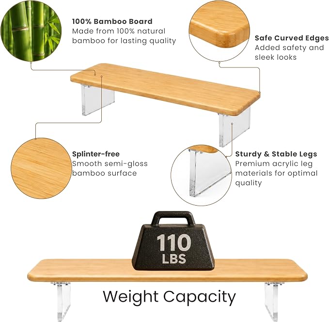 Bamboo Monitor Riser, Wide Desktop Monitor Stand for Desk with Clear Acrylic Legs, 31.5 x 8inch Bamboo Wood Shelf, Fit Keyboard, Home Office Workspace Accessories, Study Stationaries Storage (Natural) - Image 6