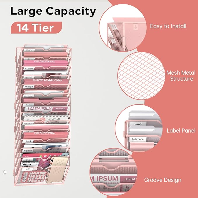 14-Tier Wall File Organizer and Hanging File Organizer, Pink | Wall Organizer and Wall Mounted File Holder with 14 Pockets and Label Panels for Files, Mail, Folders, Magazines and Paper - Image 8