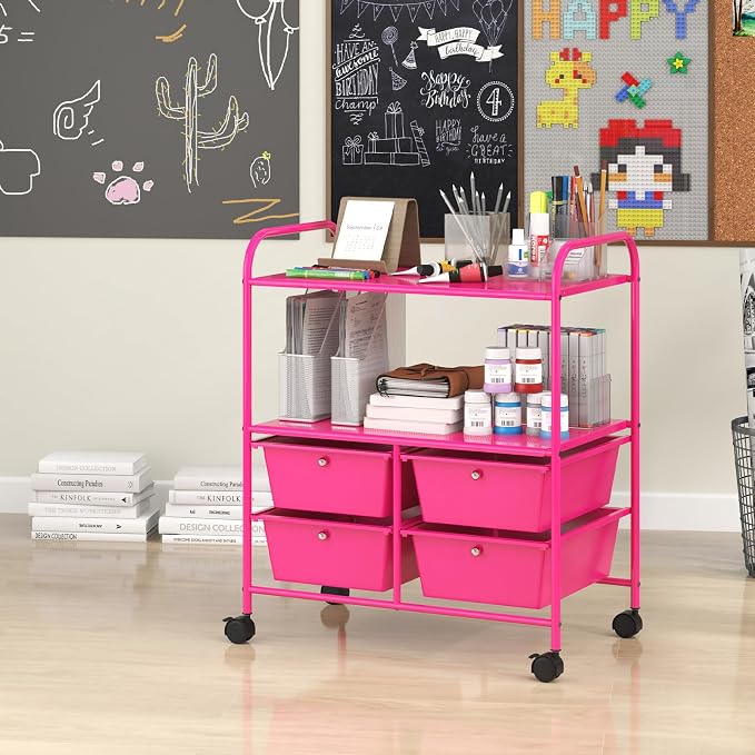 Moccha Rolling Storage Cart with 4 Drawers - Storage Drawers Organizer with wheels for Craft Art Supply Paper Salon, Scrapbook Paper Tools, Movable Utility Cart for Classroom School Studio, Hot Pink - Image 9
