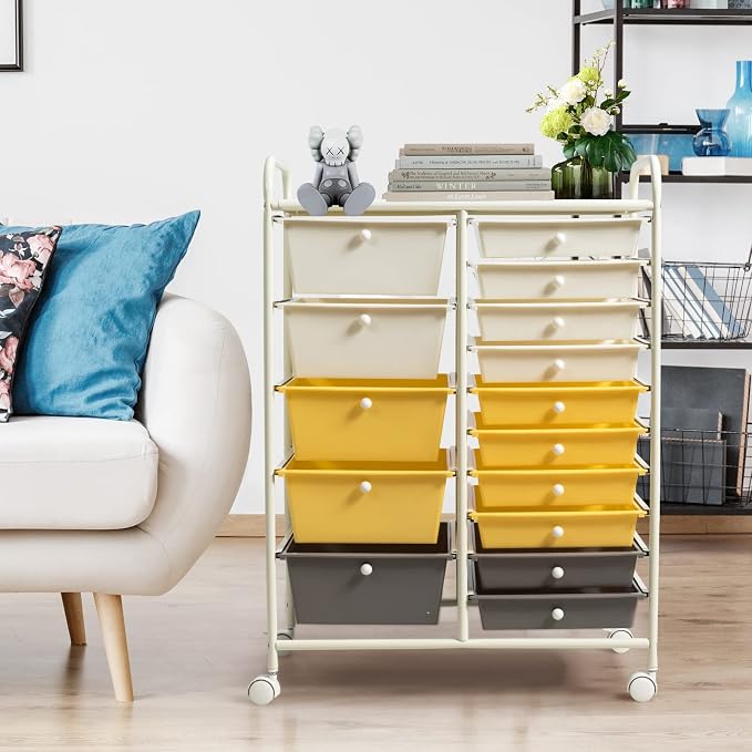 COSTWAY 15 Drawer Rolling Storage Cart, Mobile Storage Organizer | Removable Drawers & Metal Frame, Multipurpose Utility Tools Paper Organizer on Wheels for Home, Office (Yellow, Beige & Grey) - Image 9