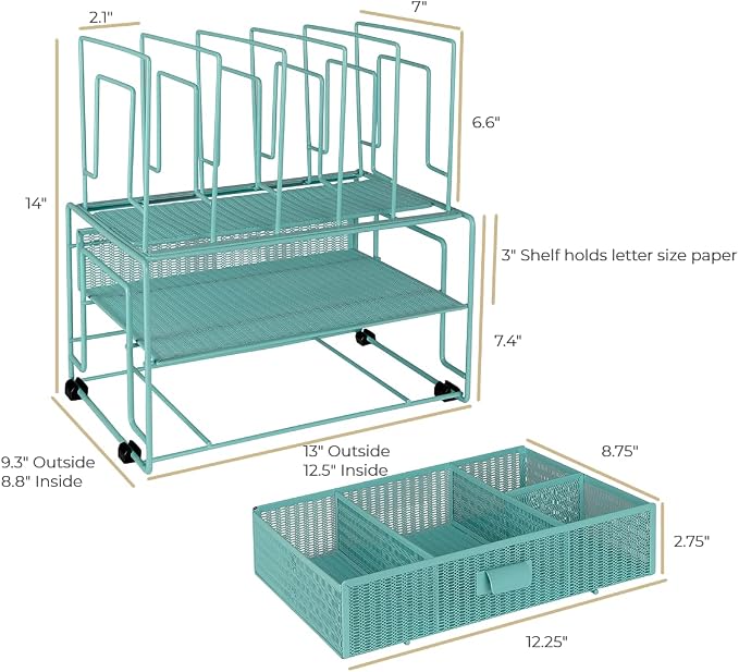 BLU MONACO Mint Green Desk Organizer With File Sorters and Drawer | Metal Mesh Desktop Storage for Office Supplies, Papers, Devices and Folders | 9.3”D x 12.5”W x 14”H All-In-One Workspace Holder - Image 6