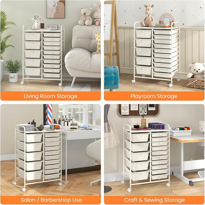 Moccha 15-Drawer Rolling Storage Cart - Under Desk Storage Drawers with wheels for Craft Art Supply Paper Salon, Scrapbook Paper Tools, Mobile Utility Cart for Classroom (15 Drawers, White) - Image 9