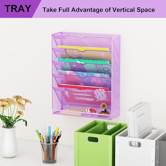 Hanging Wall File Organizer 6 Tier Wall Mounted Mail Paper Folder Holder Document Organization Stand, Vertical Desk Magazine Rack for Office Home Cubicle Countertop, Light Purple - Image 7