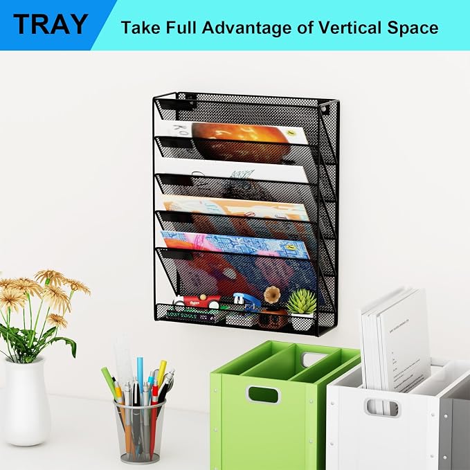Wall File Organizer Holder Mesh Hanging Paper Document Holder,Vertical 6 Pocket Tier for Office Home, Black - Image 7