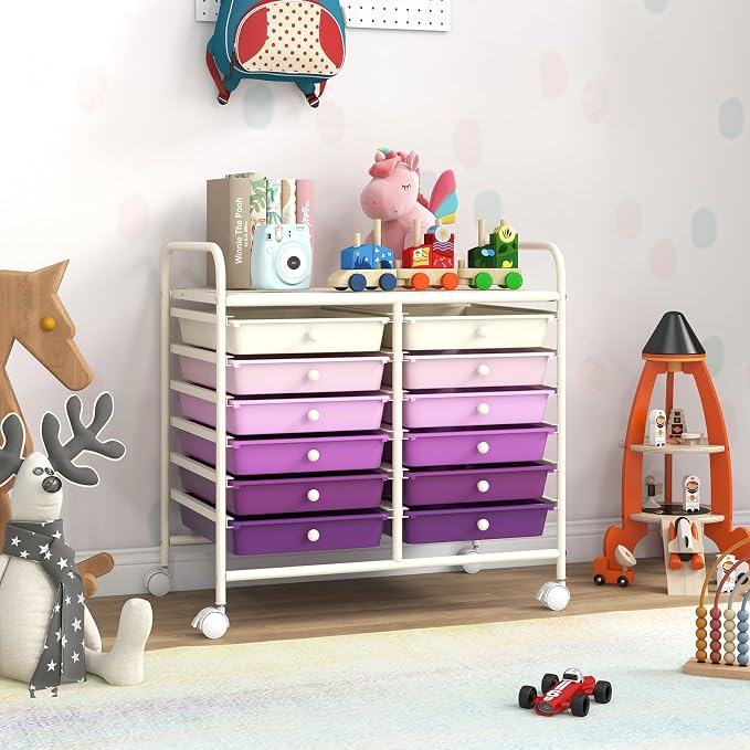 GOFLAME 12-Drawer Rolling Storage Cart, Multifunctional Art Craft Organizer Cart, Mobile Utility Storage Cart with Removable Drawers & Lockable Wheels, Craft Cart for Home Office, Purple Gradient - Image 9