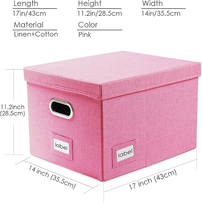 File Organizer Box - Set of 4 Collapsible Decorative Linen Filing Storage Hanging File Folders with Lids Office Cabinet Letter/Legal Size Pink 17.1x14x11.1 inch - Image 7
