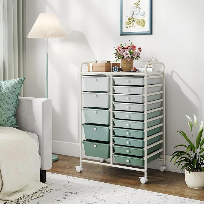 DORTALA 15-Drawer Rolling Storage Cart with Drawers, Rolling Utility Cart w/Removable Drawers & Universal Wheels, Tools Scrapbook Paper Organizer for School, Office, Home, Classroom (Gradient Green) - Image 8