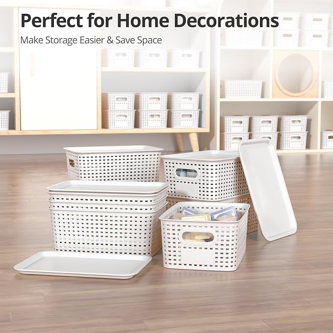 Plastic Storage Basket with Lid, Stackable Small Box Bins for Organizing and Containers for Shelves Drawers Desktop Closet Playroom Pantry Classroom Office Home, 8 Pack 10.2x7.2x4.1 Inch, White - Image 7