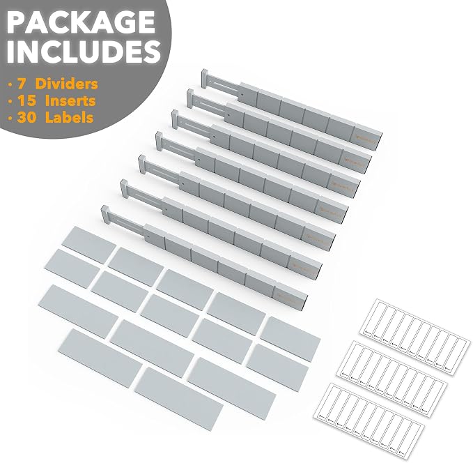 SpaceAid Bamboo Drawer Dividers with Inserts and Labels, Kitchen Adjustable Drawer Organizers, Expandable Organization for Home, Office, Dressers, 7 Dividers with 15 Inserts (17"-22" Gray) - Image 7