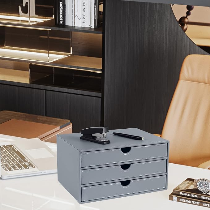 Leather Desk Organizer with 3 Drawers/Tray, Executive Office Supplies Desktop Filing A4 File Cabinet/Holder, Stackable Storage Box Grey (Gray) - Image 7
