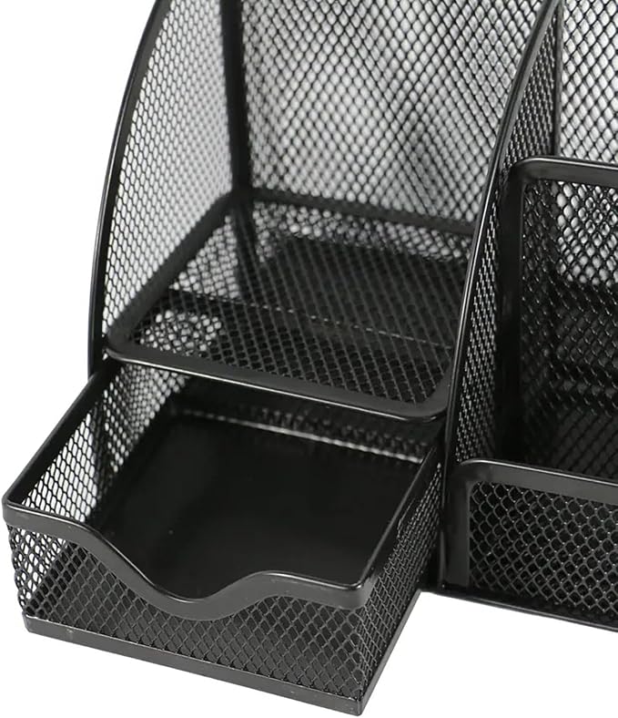 Desk Organizer and Pencil Case with Drawer and 6 Compartments in Black Metal Mesh. Space-Saving Desk Organizer for Pens, Pencils, Sticky Notes, Clips and Staplers - Image 7