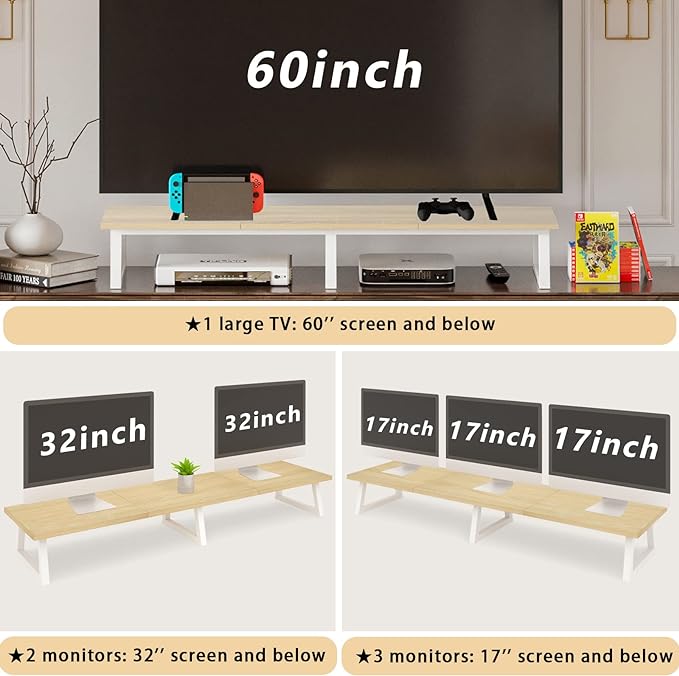 TEAMIX 42 inch Large Dual Monitor Riser, Desk Organizer Stand for TV Laptop | Extra Long Stand for 2 Monitors, Wood & Metal TV Riser, Holds 300lbs, Keyboard & PS5 Storage, For Home Office & Gaming - Image 6