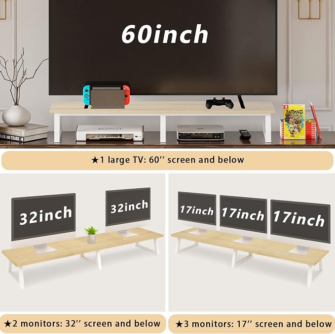 TEAMIX 42 inch Large Dual Monitor Riser, Desk Organizer Stand for TV Laptop | Extra Long Stand for 2 Monitors, Wood & Metal TV Riser, Holds 300lbs, Keyboard & PS5 Storage, For Home Office & Gaming - Image 6