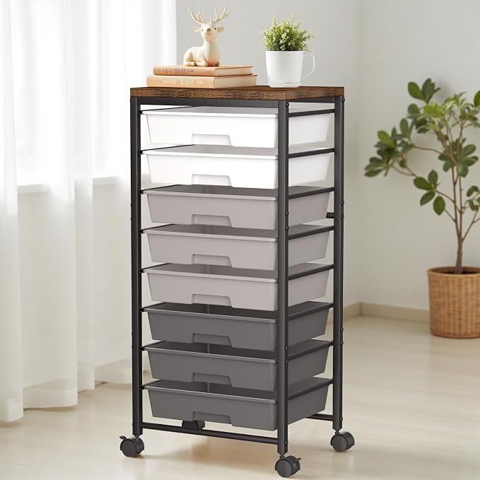 Rolling Cart with 8 Drawers, Plastic Drawer Storage Carts with Wheels & Wooden Tabletop, Metal Utility Cart Organizer for Bedroom Living Room Office Classroom Craft Organization and Storage, Grey - Image 7