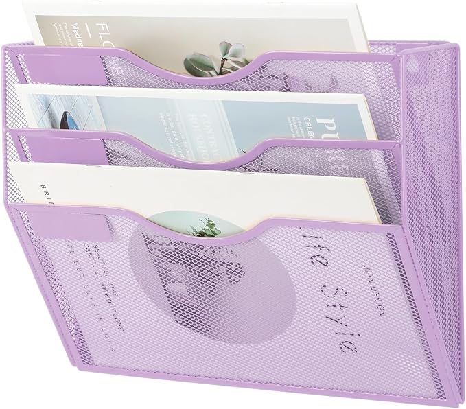 3 Pocket Mesh Hanging Wall File Organizer, Wall Mounted Mail Paper Document Folder Holder, Clipboard Storage Organization Magazine Rack with Nametag Label for Office Home School, Light Purple - Image 7