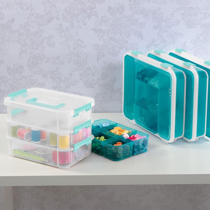 Sterilite 6 Pack Plastic Storage Box Container, 3 Layer, Stack and Carry, Clear/Blue - Image 9