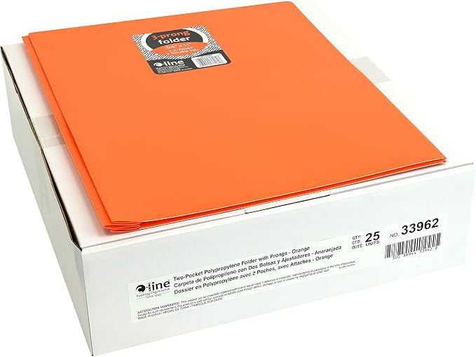 C-Line Two-Pocket Heavyweight Poly Portfolio with Prongs, For Letter Size Papers, Includes Business Card Slot, 1 Case of 25 Portfolios, Orange (33962-25) - Image 2