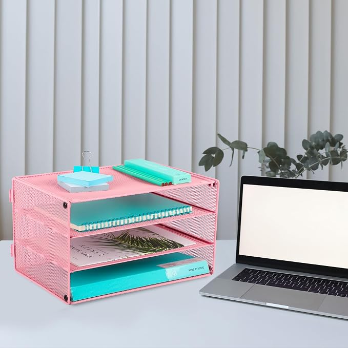 Paper Organizer Tray, 3 Tier Mesh Desk File Organizer Letter Sorter Holder for Home Office, Pink - Image 7