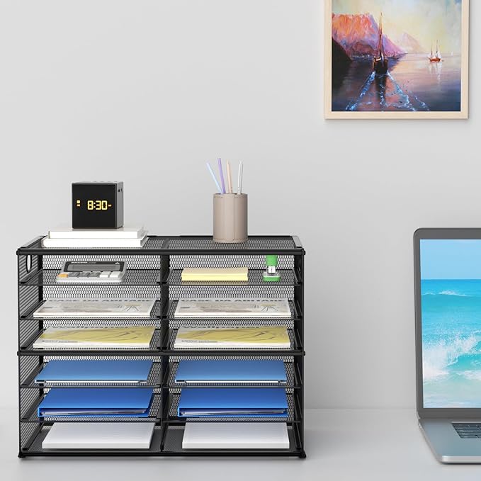 Lavatino 12 Compartments Paper Organizer for Desk, Mesh Literature Organizer, Mail File Sorter Tray with Handle, Desktop Mailbox for Office Classroom Home, Black - Image 7