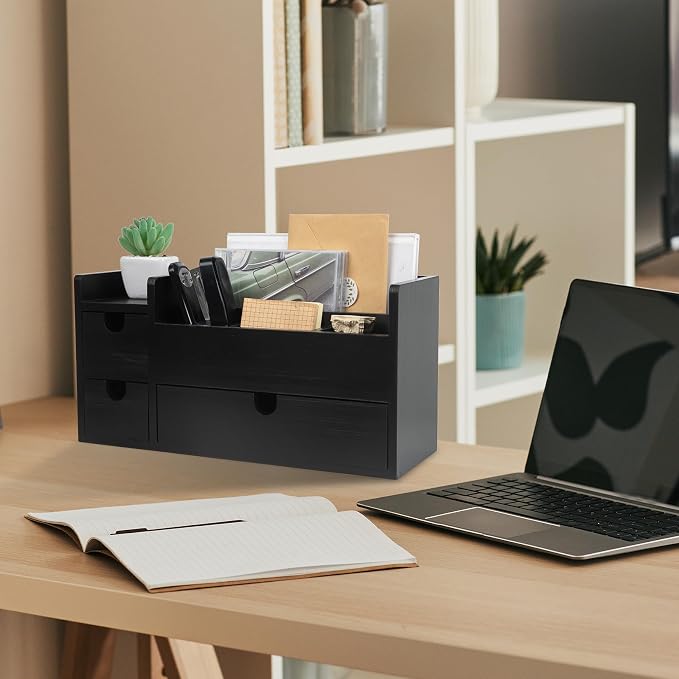 Vintage Black Wooden Desktop Organizer Removable Drawers Office Supplies Wood Storage Cabinet Caddy Box Stationery Pencil Slots Mail Holder Note Pads Accessories Home Makeup Tools Cosmetics - Image 6