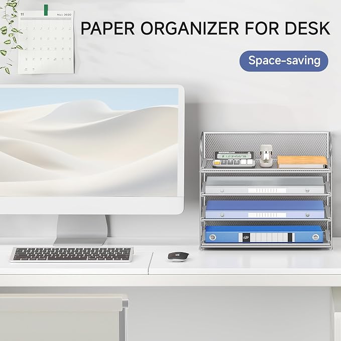 Lavatino 4-Tier Paper Organizer Trays - Silver Mesh File Folder Sorter with Handles, Desk Letter Holder Organizer for Office, Home, School Supplies Storage & Organization - Image 7