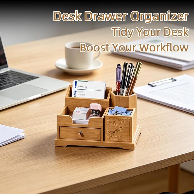 Bamboo Desk Organizer with Drawer & Pen Holder, Office Desk Caddy Storage | Natural Bamboo Wooden Desk Organizers and Accessories with Drawers Multi-Compartment Desktop Storage for Office Home Supplies - Image 9