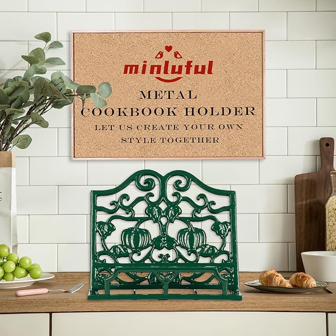 Vintage Cookbook Stand, Durable Wrought Cast Iron Recipe Book Holder for Kitchen Counter, Large Metal Cook Book Stand with Pumpkin Design, Green - Image 8