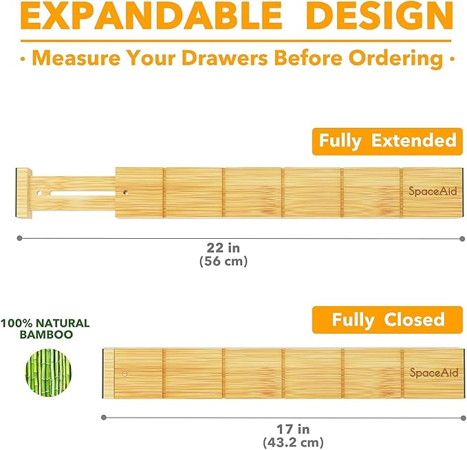 SpaceAid Bamboo Drawer Dividers with Inserts and Labels, Kitchen Adjustable Drawer Organizers, Expandable Organization for Home, Office, Dressers and Bathroom, 6 Dividers with 12 Inserts (17-22 in) - Image 8