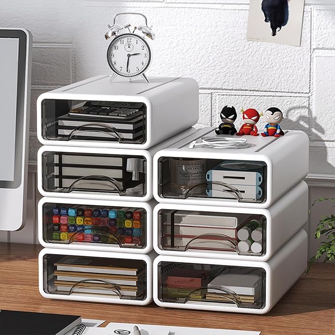 Desk Organizer with Drawers, Stackable Storage Drawers with Compartments Desktop Organization for Office Supplies, Makeup, Pencils, Tape, Erasers, Paperclips, Chargers (White 2S2M) - Image 7