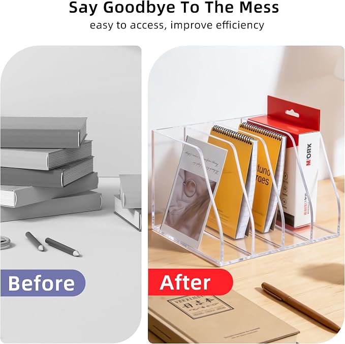 Clear Acrylic Magazine File Holder, 4 Compartment Desk Organizer | 4 spacious vertical compartments hold magazines, files, books & more. 5mm thick clear acrylic, non-slip base. No assembly. - Image 9