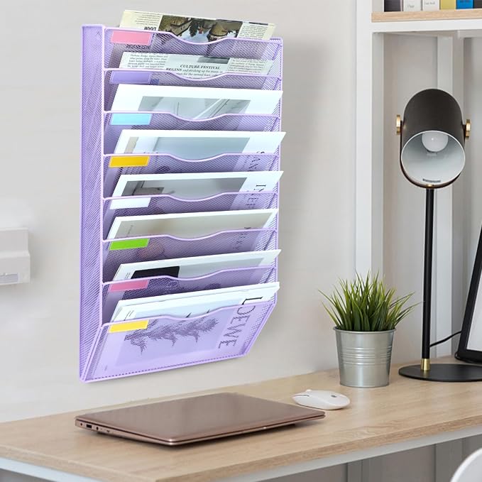 8 Pockets Mesh Wall File Holder Organizer Office Hanging File Folder Magazine Rack, Nametag Label Hooks Set Included (Purple) - Image 7