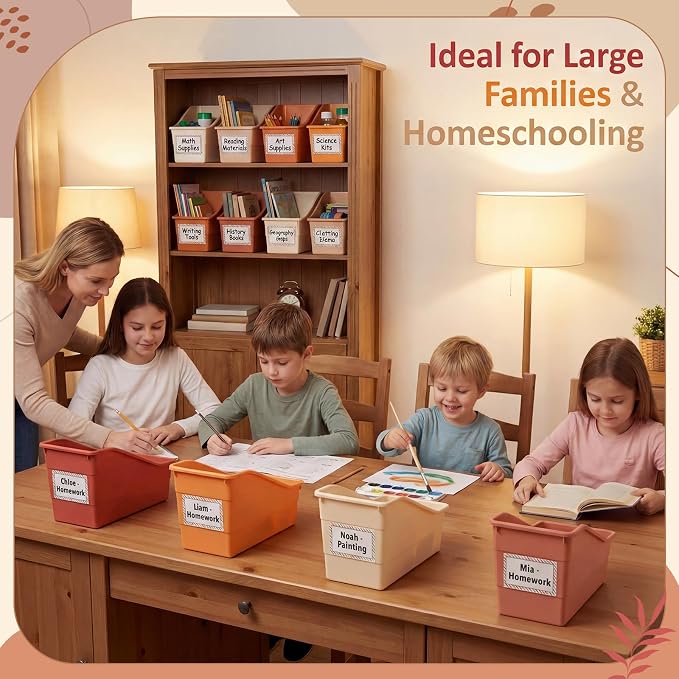 Blosssound 12 Set Book Bins for Classroom with Label Sticker Book Box Baskets Plastic Stackable Organizing Bins Storage & Organization for Classroom Library Home School Supplies (Earth Tones) - Image 7