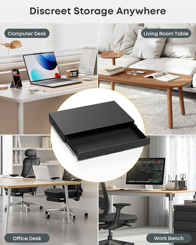 Under Desk Storage Drawer, 14.8" Wide Slide Out Under Desk Drawer | Max Load 17.6 Lbs, Quiet Glide, for Standing Desks & Home Offices, Heavy Duty Steel, Black - Image 7