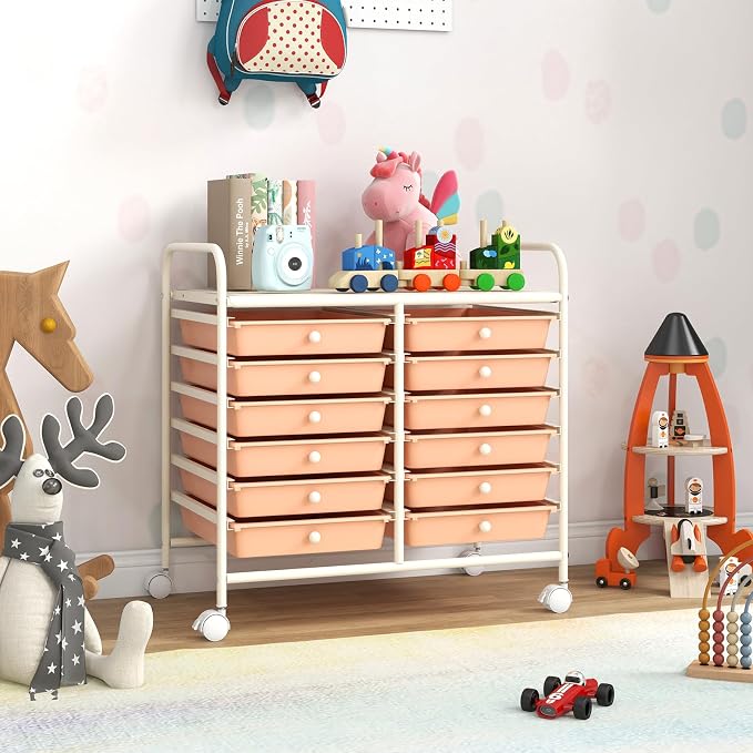 GOFLAME 12-Drawer Rolling Storage Cart, Multifunctional Art Craft Organizer Cart, Mobile Utility Storage Cart with Removable Drawers & Lockable Wheels, Craft Cart for Home Office School, Peach Fuzz - Image 9