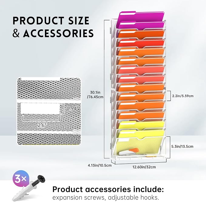 15-Tier Wall File Organizer with Base and Hooks, Hanging Organizer, White | Wall Organizer and Wall File Holder with 15 Vertical Pockets and Bottom Tray for Files, Mail, Folders, Magazines and Paper - Image 7