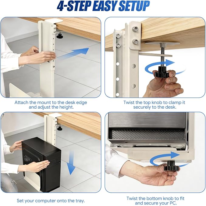 Adjustable Under Desk PC Mount, Heavy Duty No Drilling Clamp Mount on Desk Fits Most PC Tower 14.5”-22.4” (H) , Thickened & Ultra Strong CPU Holder for Standing Desk & Home Office, White - Image 9