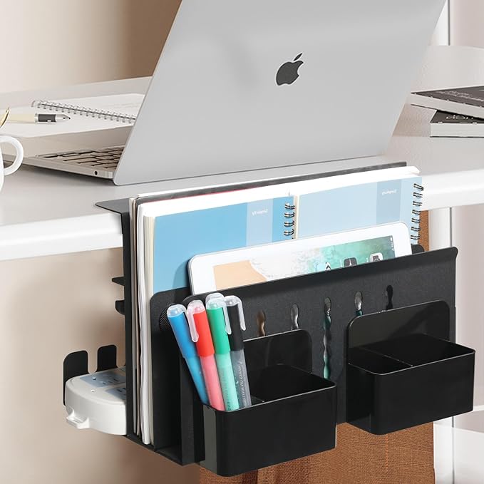 MAXECHO Desk Side Storage, Under Desk Laptop Mount, Table Side Hanging File Organizer, No Drill Clamp On Cable Management Tray, Laptop Holder with Magnetic Pen Holder for Office and Home, Load 22 Lbs - Image 7