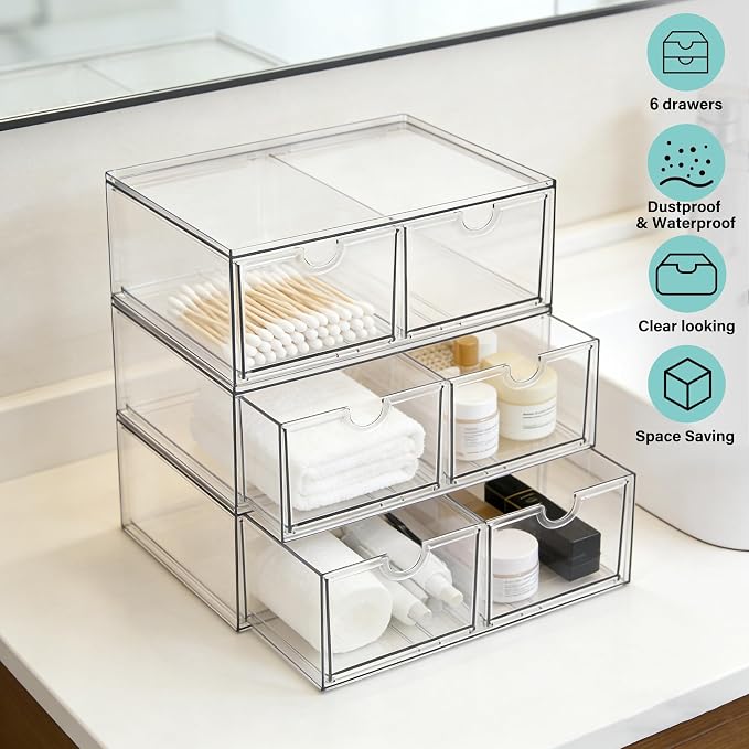 Prsildan 6 Small Drawers Stackable Storage Drawer Clear Acrylic Organizer | Makeup Organizers, Vanity Bathroom Kitchen Cabinets Under Sink Home Organization, 3 Pack - Image 7
